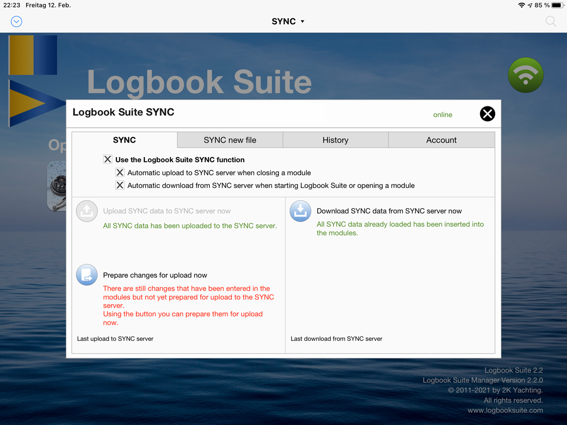 In the SYNC settings in the Logbook Suite Manager the SYNC function is activated for the entire Logbook Suite and determines when data should be synchronized. Subsequent uploads and downloads can be executed here.