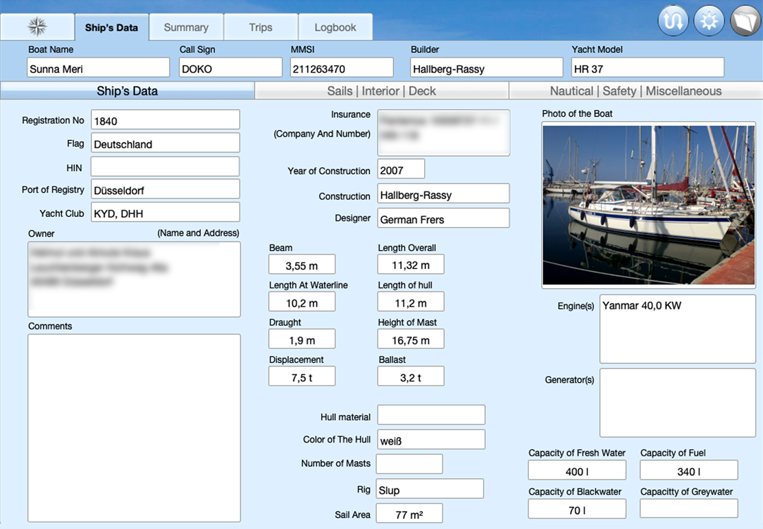 In the view Ship's data you can enter all information about your ship